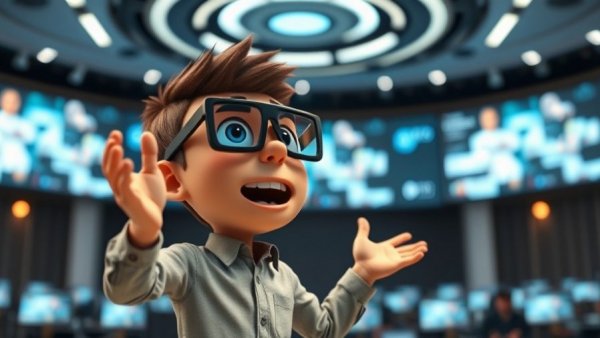 Animated character discussing AI agents on stage with smart glasses.