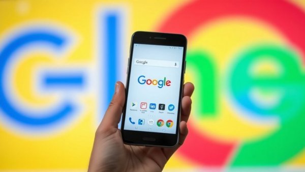 Smartphone showing Google search with blurred logo, agentic AI.