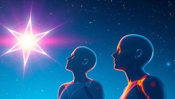 Futuristic figures admire a star in vibrant sky, symbolizing AI innovation.