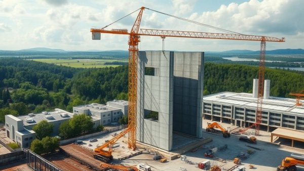 AI data center build-out with crane lifting wall in construction site.