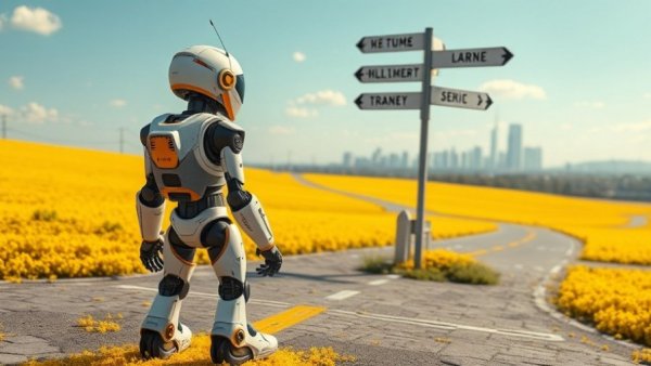 AI agent security: Robot at crossroads under bright sky.