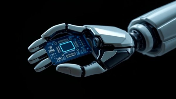 Agentic AI robotic hand holding circuit pad in futuristic setting.