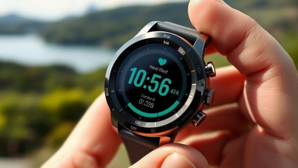 Digital watch displaying health metrics in scenic nature.