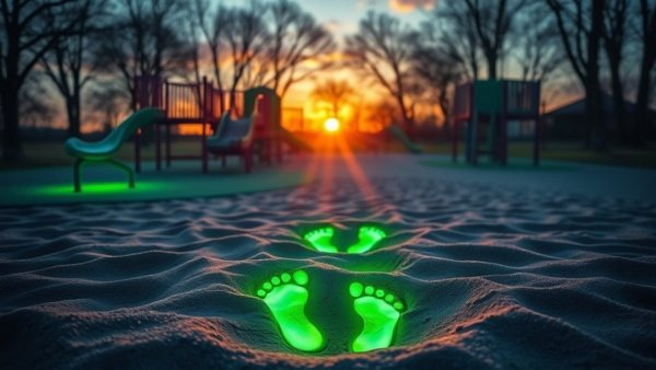Ethereal playground with glowing footprints in sandbox, sunset glow.
