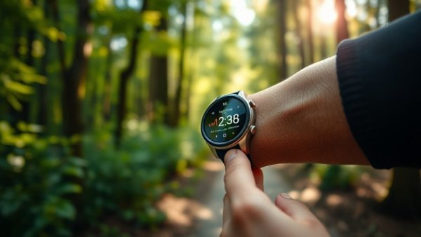 Smartwatch displaying time and heart rate on a forest trail, Claude AI.