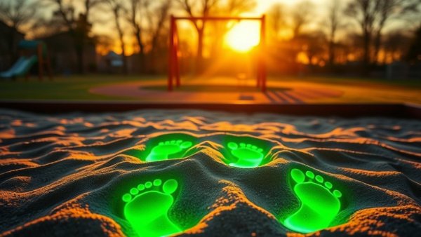 Sunset playground with glowing green footprints in sandbox, emphasize 'claude ai'.