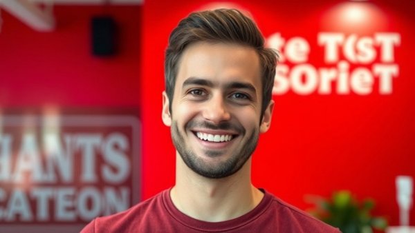 Casual man smiling in front of red 'open ai' backdrop.