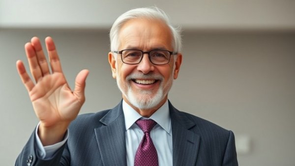 Older man waving, formal attire, smiling in a photorealistic image.