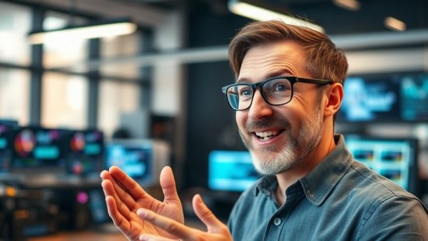Enthusiastic man in tech discussion, modern studio setting