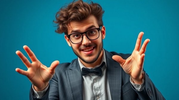 Stylish man presenting with enthusiasm against blue backdrop