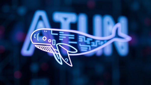 Digital whale icon and futuristic AI text representing cheap AI technologies.