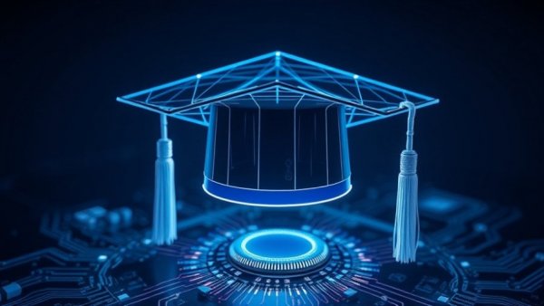 AI-enhanced graduation cap over circuit board, symbolizing AI in education legislation.