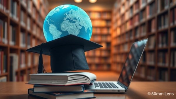 AI news: Virtual graduation concept with cap, laptop, books.