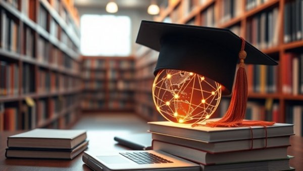 AI-driven education concept with books and laptop.