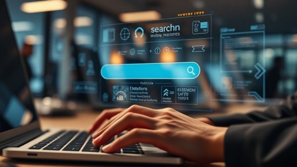 Futuristic AI search engine interface over keyboard typing