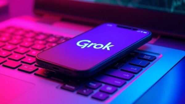 Grok logo on smartphone over laptop keyboard, pink-purple lighting