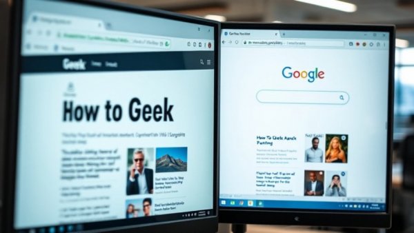 Monitor displaying 'How To Geek' articles and Google search in an office.