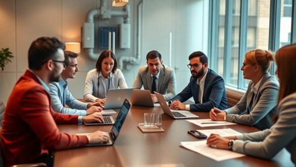 Business team discussing in conference room, focus on teamwork.