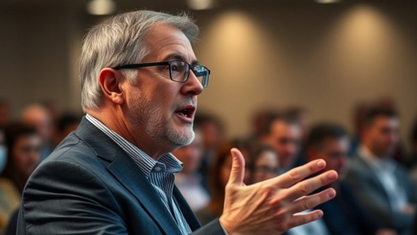 Man speaking at an event about anthropic AI, wearing glasses, lively expression.