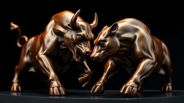 Bronze bull and bear statues in confrontation, market dynamics, Nvidia share price analysis.