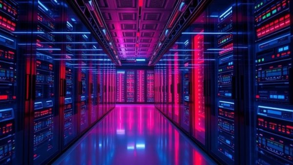 Futuristic server room with glowing racks, symbolizing Nvidia dividend increase.