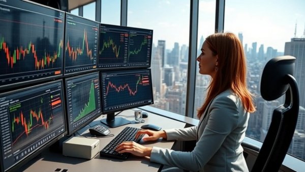 Financial analyst automating signal discovery in a modern office.