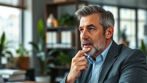 Confident middle-aged man discussing challenges in a modern office.