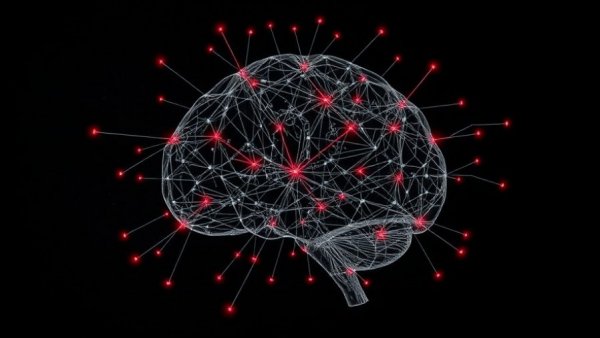 Futuristic digital brain with AI connections on dark background.