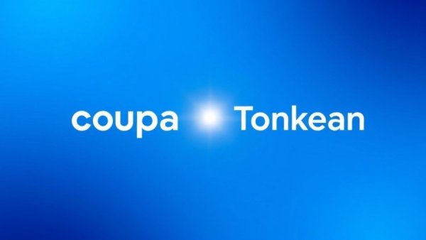 Coupa and Tonkean logos representing AI Spend Management partnership.