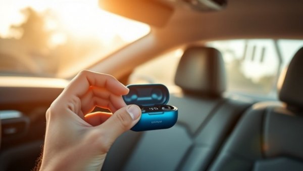 Hands holding AI-powered earbuds case with display in car.