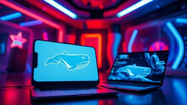 Agentic AI futuristic whale logo displayed on devices in red-blue lighting.