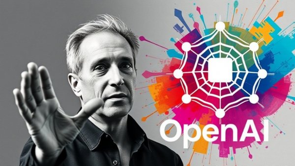 Grayscale portrait against colorful Open AI logo background.