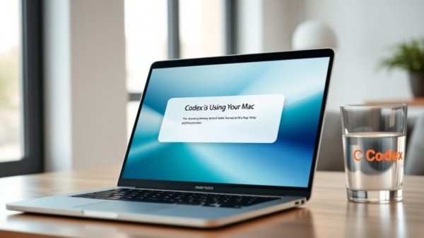 Modern laptop with OpenAI Codex control notification in bright room.