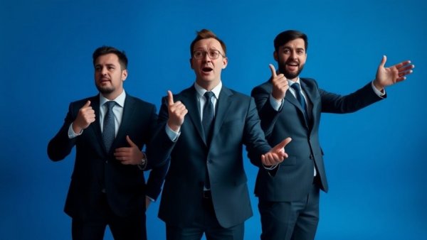 Three men in suits pose expressively on blue background, AI Boom IPOs.
