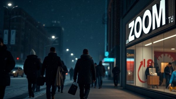 People walking by Zoom sign at night, snowy surroundings.
