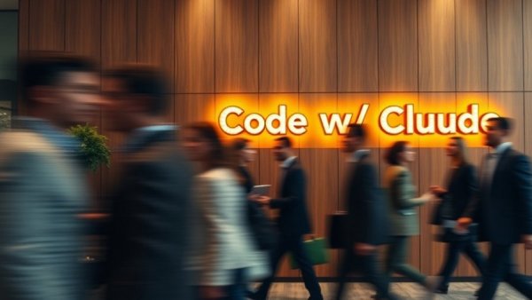 People moving past an illuminated 'Code w/ Claude' sign at a conference, anthropic ai ethics.