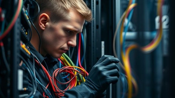 Technician fixing server wiring, representing Nvidia Corning partnership AI optics.