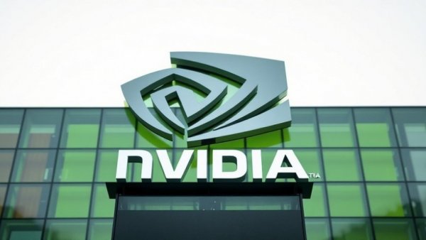 Nvidia logo with geometric background, Nvidia stock investment.