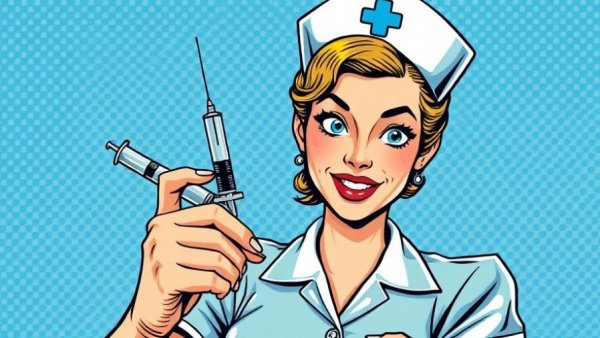 Pop art nurse holding syringe with confident look.
