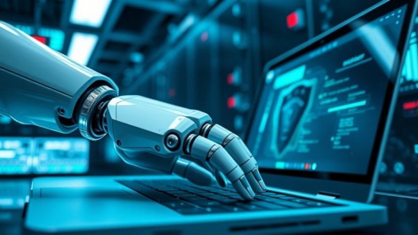 Robotic hand using a laptop in a server room environment.
