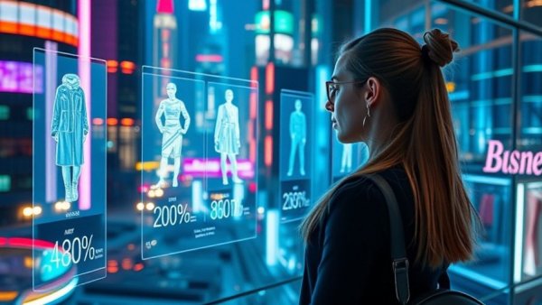 Futuristic digital shopping experience with holographic screens in AI E-commerce Mistakes context.