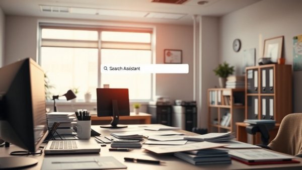 Claude AI interface on office desk with clutter.