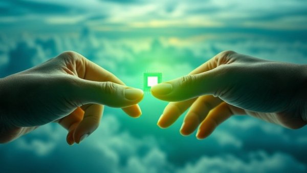 Hands bridging a glowing microchip, symbolizing human dignity in AI age.