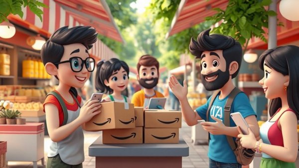 3D cartoon market scene with Amazon AI, colorful stalls and interactions.