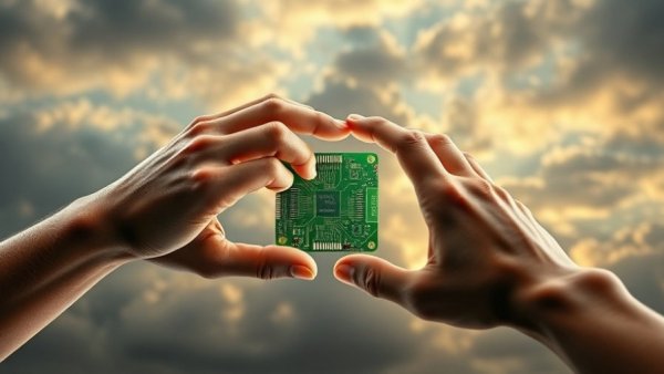 Hands symbolizing human dignity in AI with a circuit board background.