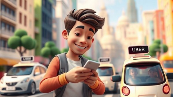 Toy-like scene with Uber robotaxis and smartphone use in colorful city.