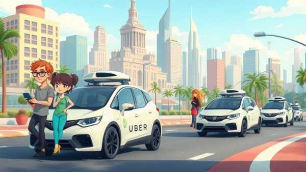 Futuristic Uber Nvidia robotaxi scene with cartoon characters