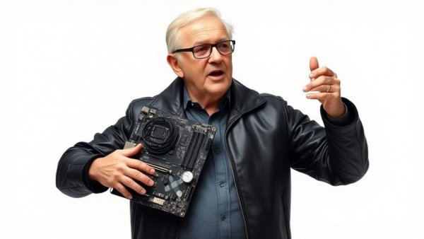 Man holding motherboard discussing Nvidia dividends strategy at tech event.