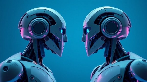 Pixelated humanoid robots facing each other in a digital space background.