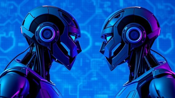 Futuristic AI robots face to face in a digital setting.